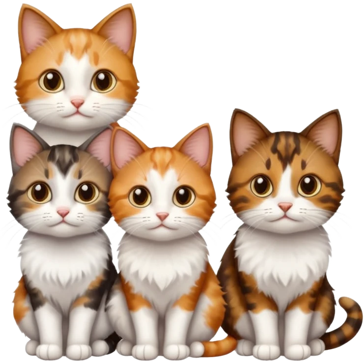 3 different coloured small cats including a dark brown tabby and white, and a patchy calico, and a ginger and white emoji