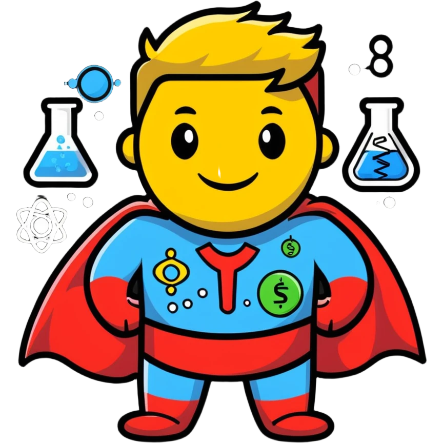 smiling chemistry superhero surrounded by chemical symbols emoji
