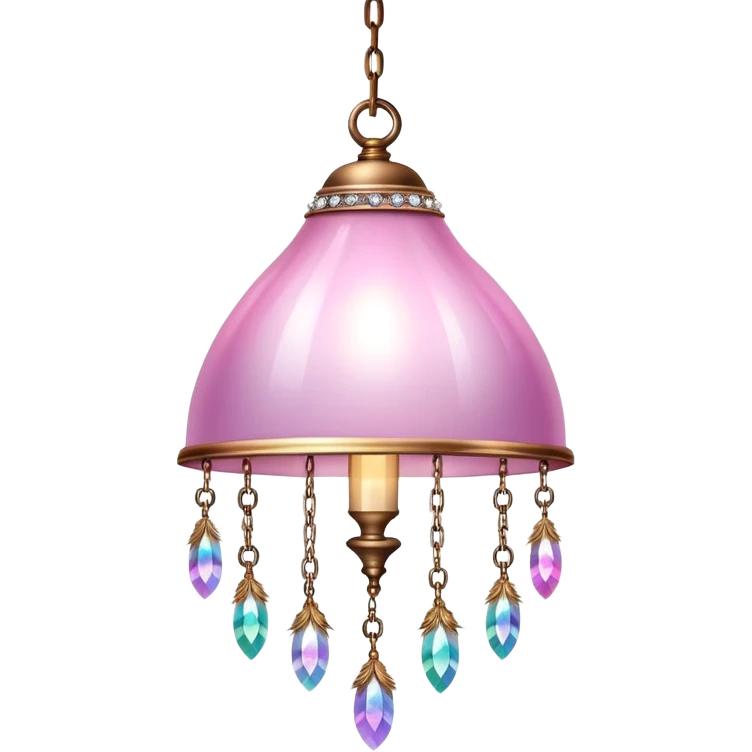 PInk iridescent Bell with chained hanging crystals LAMP with feathers emoji