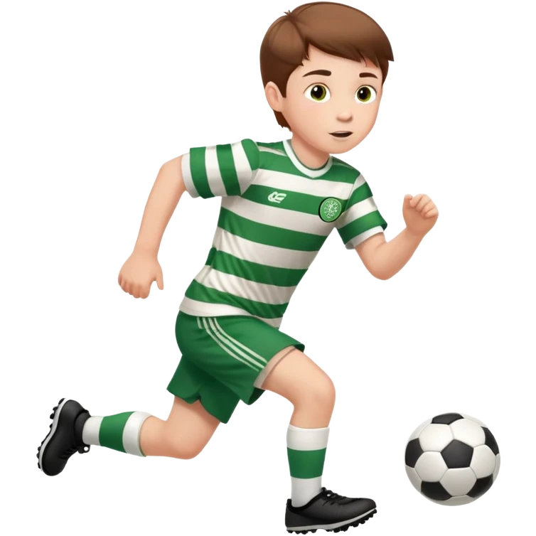 Celtic footballer running 6 years old brown hair white boy , stripes uniform  emoji