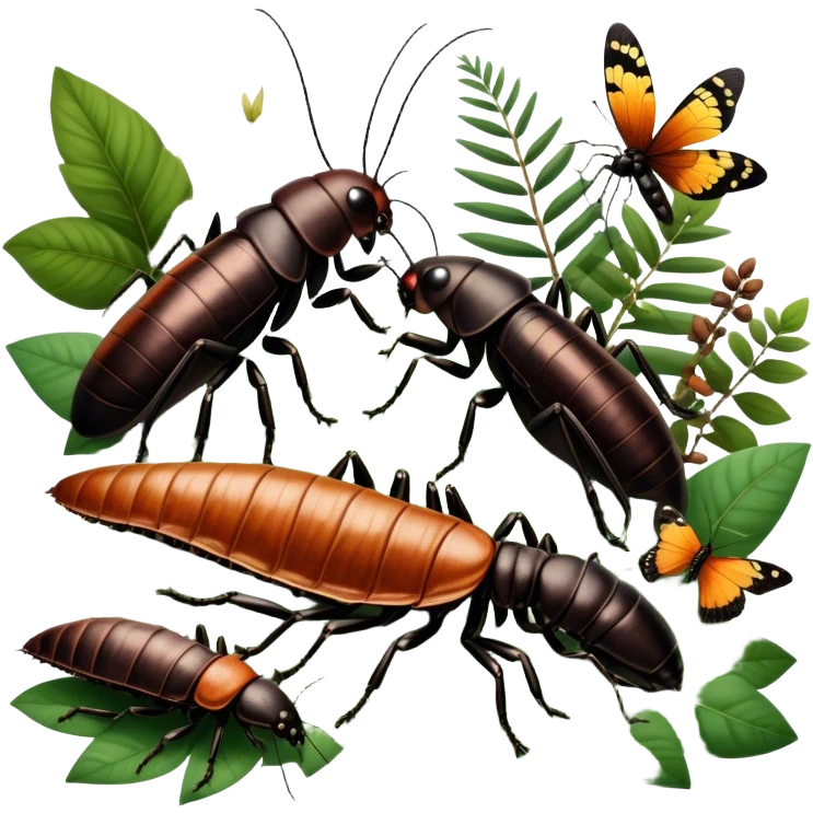 Close-up of giant Madagascar hissing cockroaches, butterflies, and stick insects in their natural habitat. The insects are shown in detail, highlighting their unique textures and colors, surrounded by plants and leaves. Soft lighting to enhance their features. Transparent background. emoji
