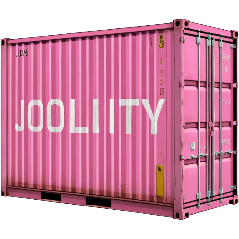 a pink shipping container with the word "Jollity" in big letters on the long side emoji