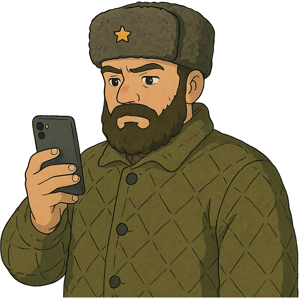ghibli style illustration of a Russian military blogger in ushanka and vatnik, holding a phone emoji