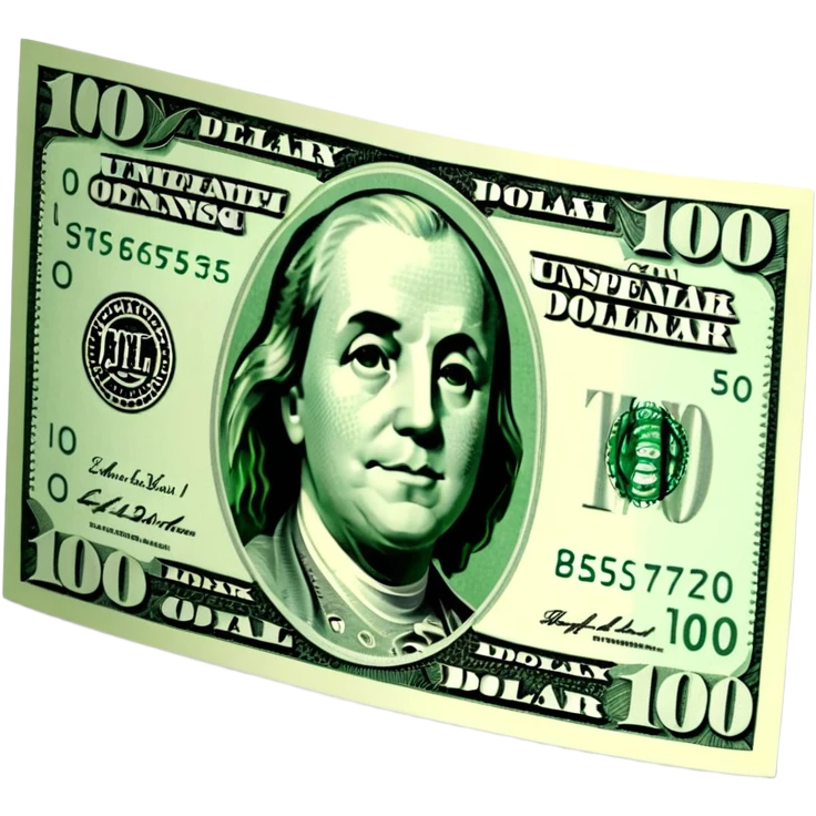 3D realistic US 100 dollar bill sticker, slight perspective, centered, clean cutout, transparent background, no text, no watermark emoji