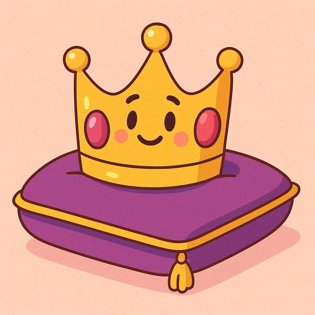 golden crown with rubies lying on a velvet pillow with golden edges emoji