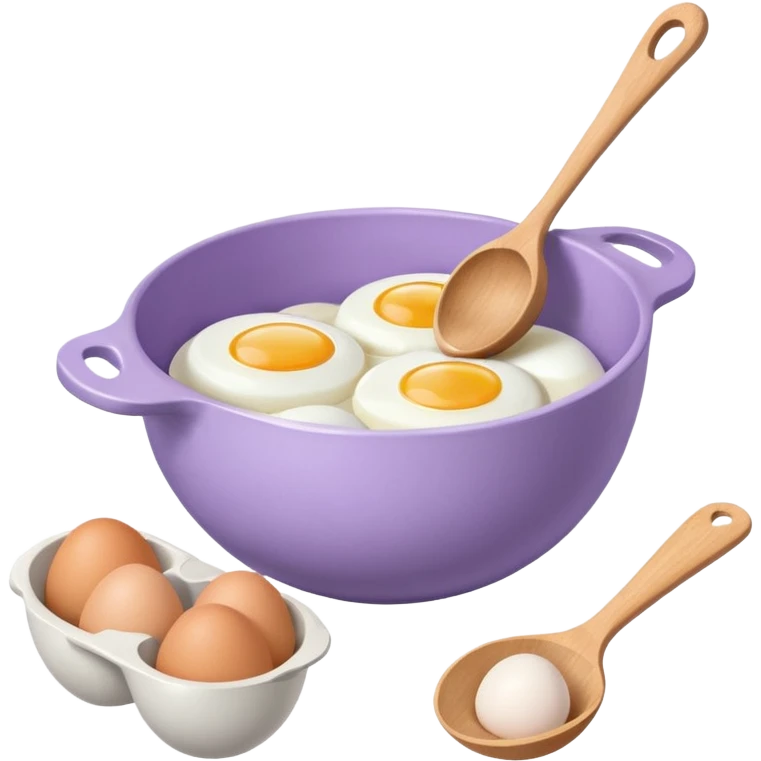 a lilac ceramic mixing bowl with a wooden spoon stirring and sitting next to it is a dozen eggs with the carton lid open emoji