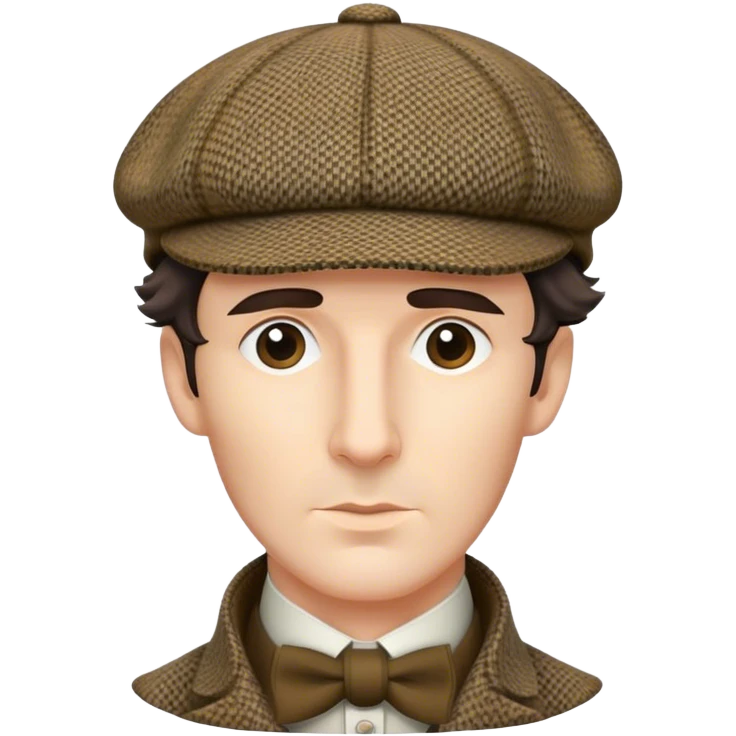 sherlock holmes, wearing a deerstalker hat with the fabric is often tweed, which features a subtle checkered or herringbone pattern with darker and lighter threads woven together, creating texture and depth.  emoji