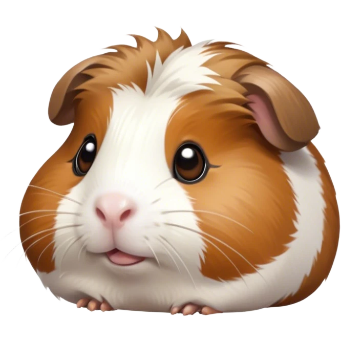 Cinematic Cute Brown and White Banded Guinea Pig Portrait Emoji, Head tilted playfully and inquisitively, showcasing a fluffy fur with playful brown and white banded patterns, round, sparkling dark eyes filled with curiosity, Simplified yet irresistibly adorable features, highly detailed, glowing with a warm, friendly glow, high shine, affectionate and spirited, stylized with a touch of whimsy, bright and endearing, soft glowing outline, capturing the essence of a mischievous yet loving guinea pig, so playful it feels like it could dash out of the screen and into your arms! emoji