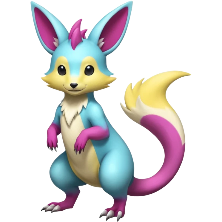 realistic Shiny smooth silky soft Cyan-Yellowish-Magenta Minccino-Zeraora-Emolga-Vernid-Sergal-fusion-hybrid-animal-creature, full body emoji