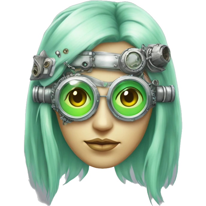 Pastel green long haired female cyborg head with silver steampunk goggles emoji