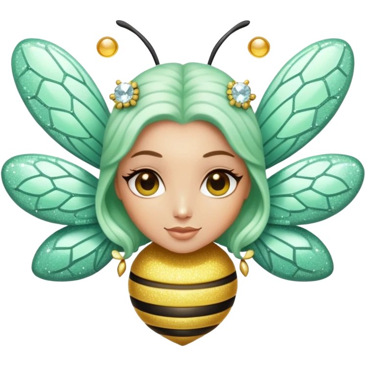 Mint green woman bee with diamond wings, sparkly rhinestones, and glitter accents emoji
