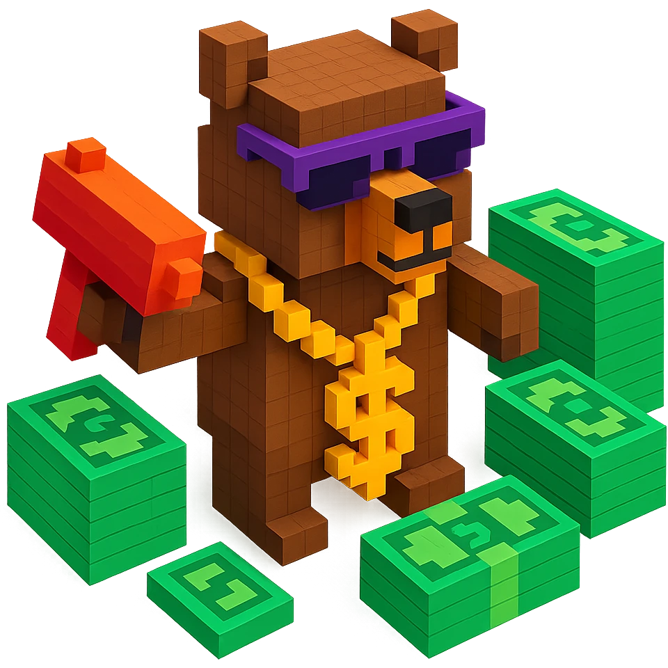 Russian grizzly bear with a rapper chain and a money gun, surrounded by stacks of money emoji