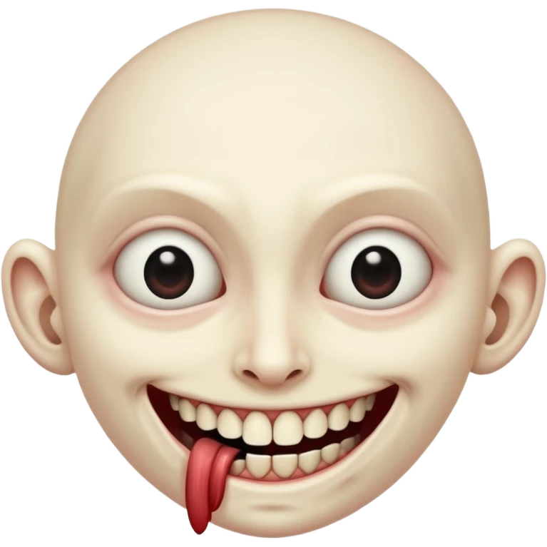 Pale emoji with completely vertical slit eyes, huge creepy grin from ear to ear, scary emoji