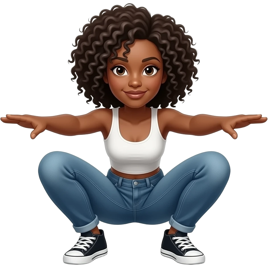 Coloca a la mujer afroamericana de frente, agachada en forma de perro, culo más alto que la cabeza, con los brazos estirados hacia delante, vista frontal emoji