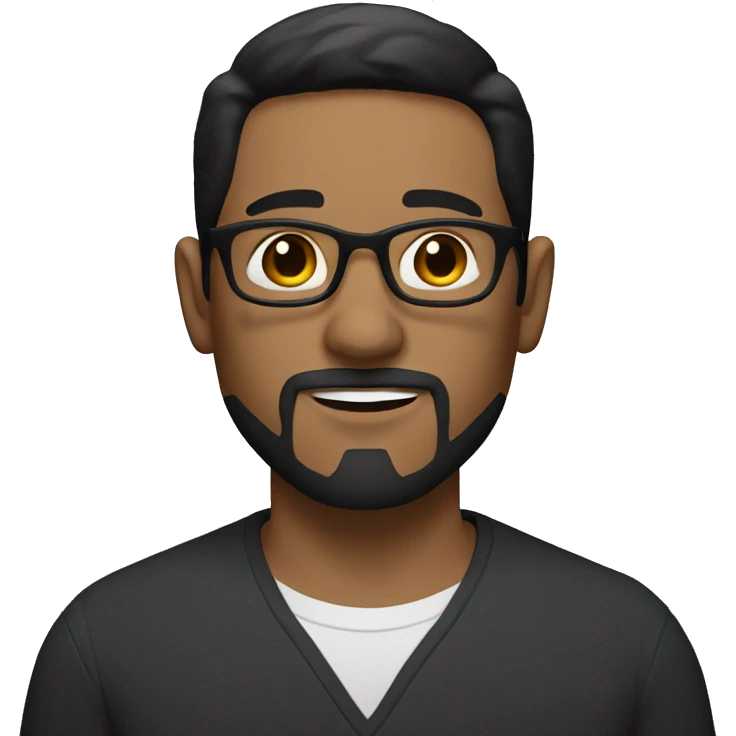 a white man with black short hair, glasses, brown eyes and a dark short mustache and a goatee. emoji