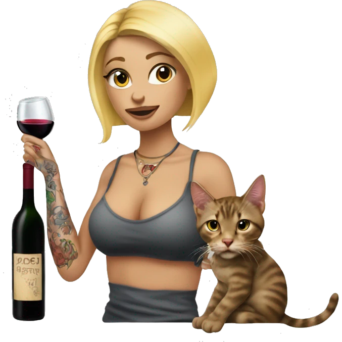 Blonde women in, her body covered with tattoos, wine in her one hand and pointing cat with other hand emoji