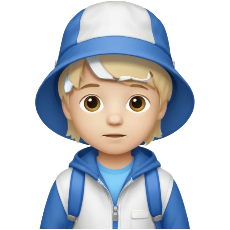 A little boy student white skin, blonde hair, with white bucket hat, white jacket, blue backpack emoji