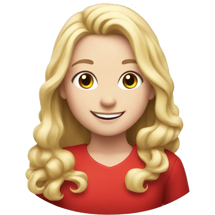 Smiling girl in red dress with long blonde hair holding a sheep emoji