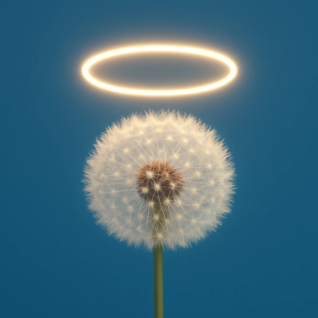 a dandelion with a halo and a blue background emoji