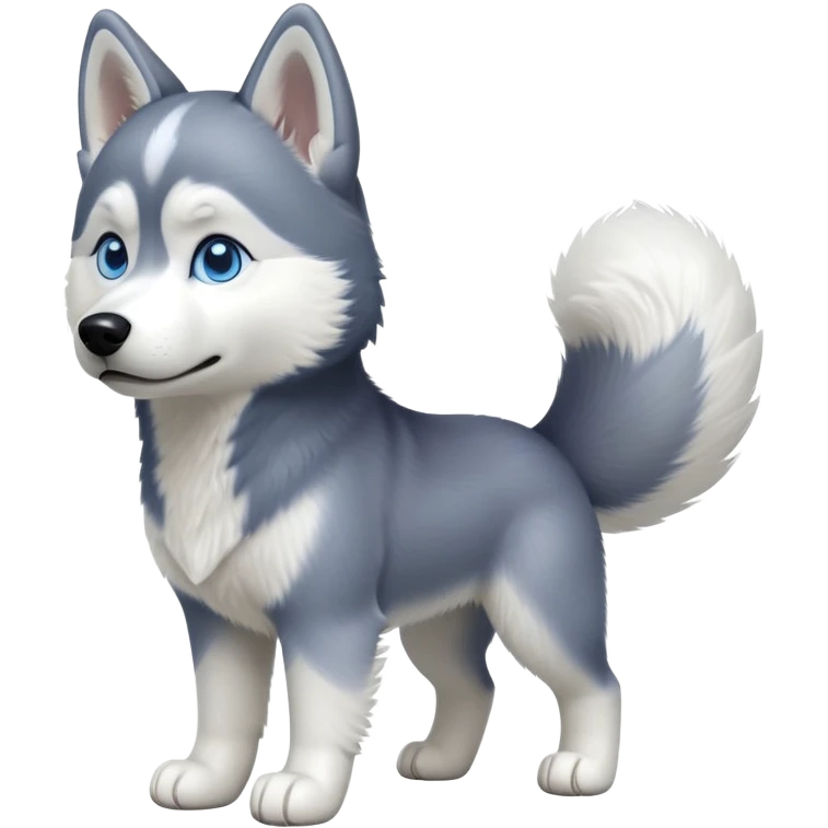 cinematic-[siberian husky]-realistic-full-body-standing-emoji,-tail-resting-loosely-beside-its-paws,blue eyes-head-tilted-dramatically, -fluffy-[grey and white]-fur,-simplified-yet-realistic-focused-features,-highly-detailed,-glowing-with-an-almost-sarcastic-glow emoji