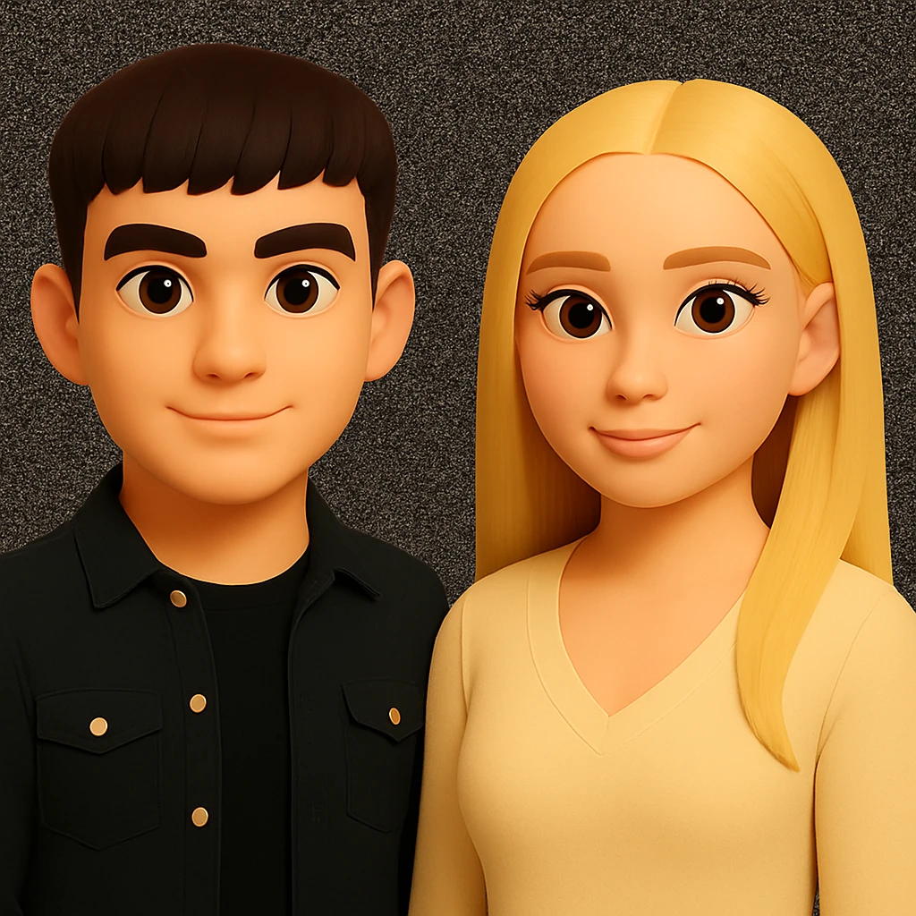 Make the people in the image stand slightly farther apart from each other while preserving the original style and background. emoji