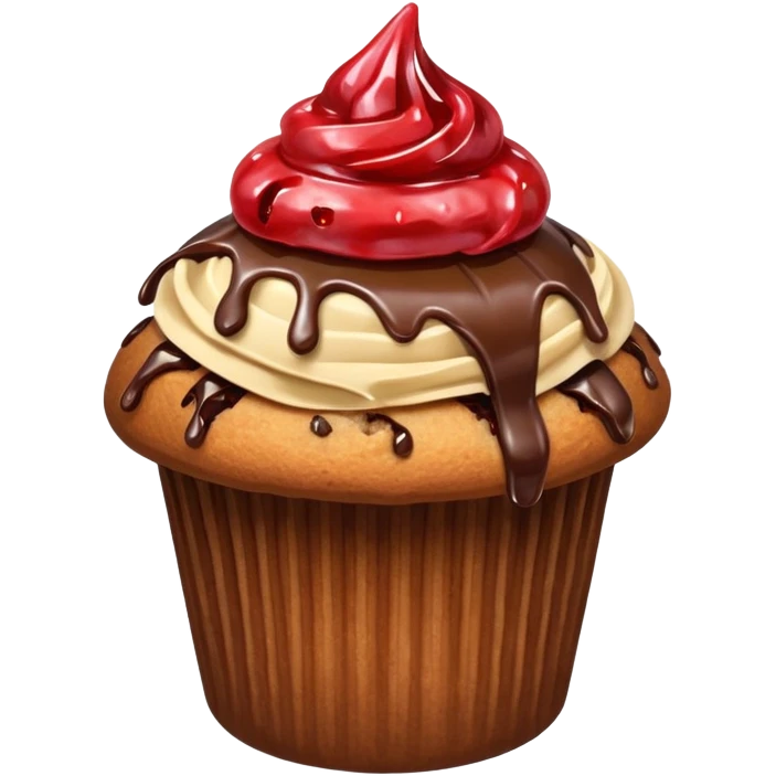 a coffee colored muffin with a wrapper and strawberry jam flowing out the top with pieces of chocolate slowly melting emoji