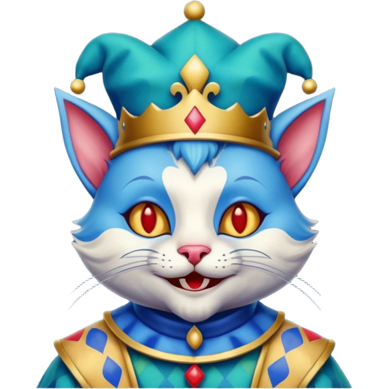 crazy colorful cute little cat jolly joker from poker, medieval, vintage, court jester, mac os icon, blue color emoji