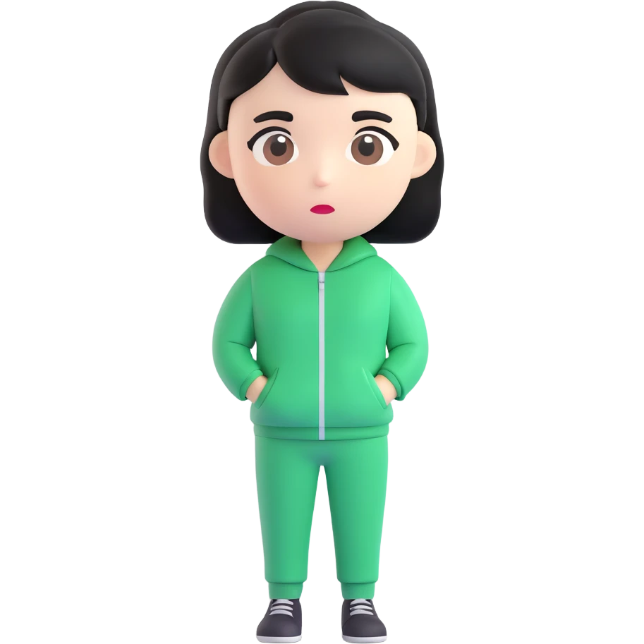 Create a 3D emoji style version of the character with short black hair, wearing a green tracksuit, and a serious expression. The design should be inspired by the Squid Game main character, featuring a round emoji face with simplified features suitable for a 3D emoji style. emoji