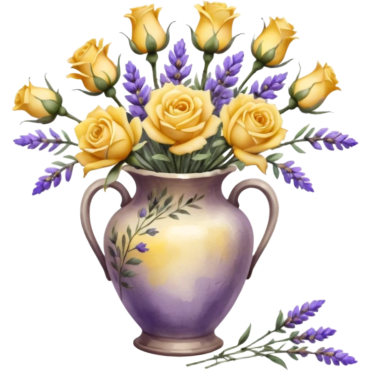 Watercolor painting of yellow roses and lavender in a vintage vase, with light brushstrokes visible emoji