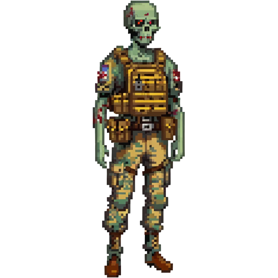 A zombie undead soldier, he has a bdu camouflaged uniform with a tan plate carrier, undead, leaned over posture, zombie, partially skeleton emoji