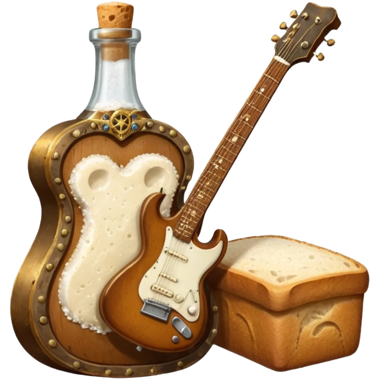 steampunk - a bottle of salt (salt shaker) and a loaf of  bread with a small SG Gibson electric guitar emoji