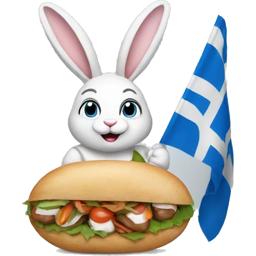 Easter bunny wearing a Greek flag holding a gyros emoji
