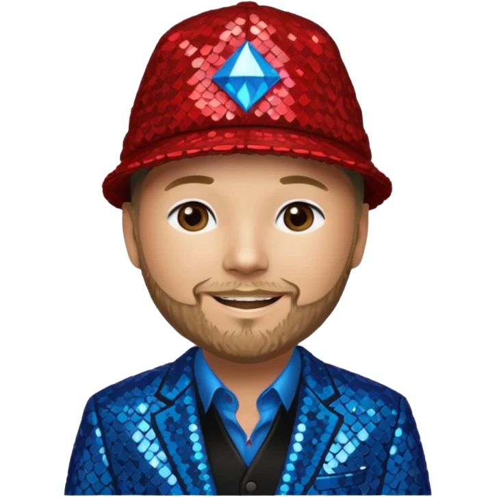 Fred Durst with sequin cream suit jacket with black shirt, red sequin hat, blue eyes, dark blonde hair emoji