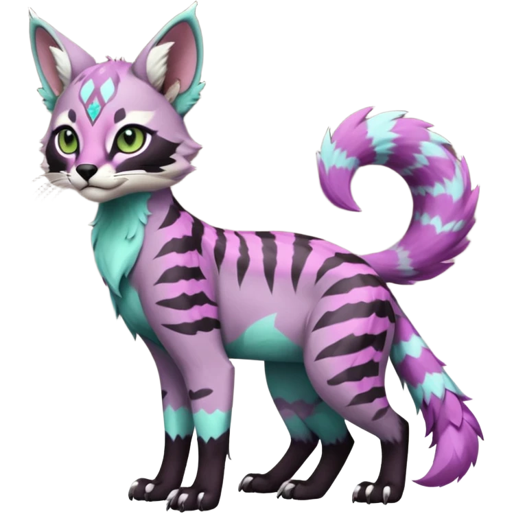 Cute kawaii cool edgy badass Colorful pale minty lilac onyx fruity glorious exotic neon vibrant zigzagged fantasy-caracal-civet-genet-sergal-vernid-Gryphon-Cacomistle-Trico-oncilla-animal-Fakémon-hybrid-fursona (full body), facial markings, (realism style) emoji