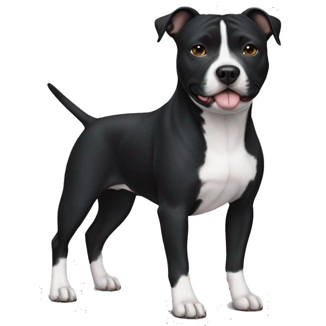 Small black Staffordshire bull terrier with a white j on his chest emoji
