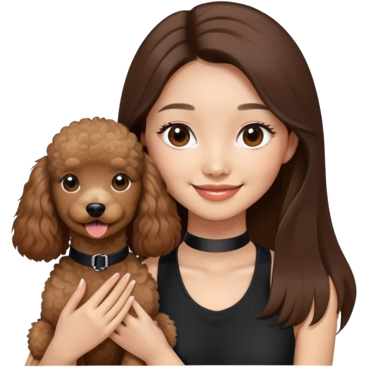 a asian girl with long brown straight balayage hair, long lashes, smiling, wearing black halterneck top, and holding a brown poodle emoji