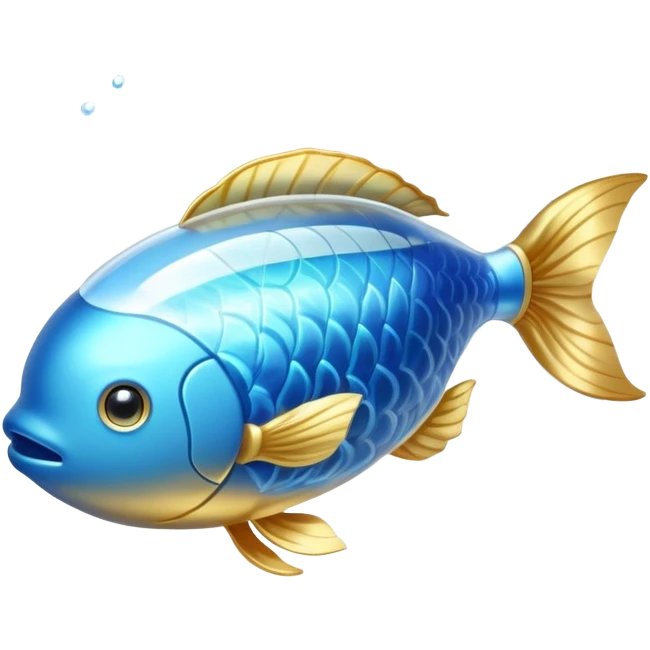 Shimmering golden capsule floating in flowing soft blue liquid currents, with an ethereal translucent fish circling around a glowing brain suspended in the fluid. Gentle waves of light pulsing outward from the brain, creating an aura of serenity, enhanced focus and mental clarity. emoji