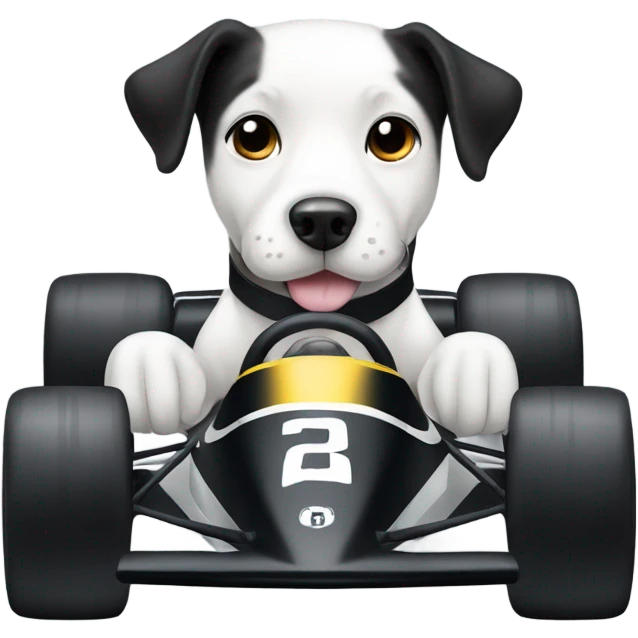 black and white dog in a racecar  emoji