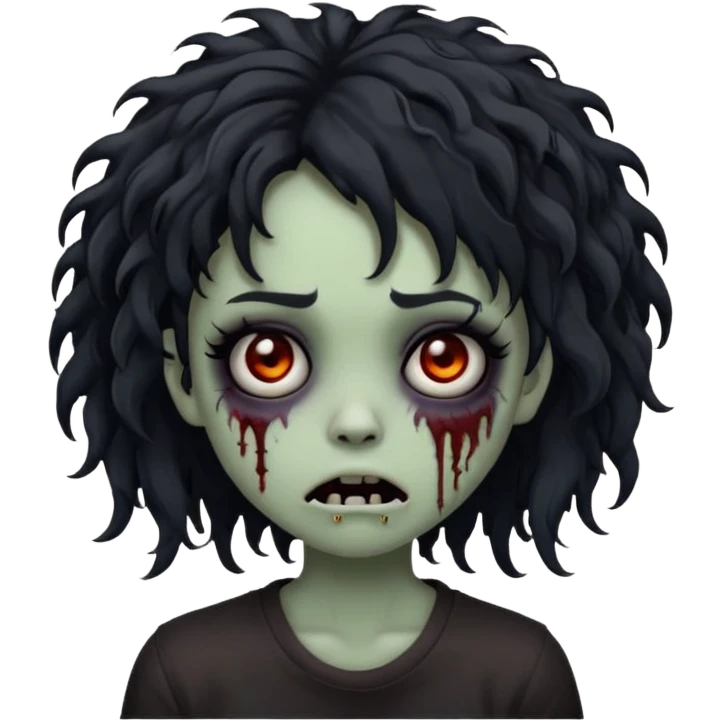 creepy emo zombie girl emoji, black curly medium-long hair, shaggy, dark, spooky expression emoji