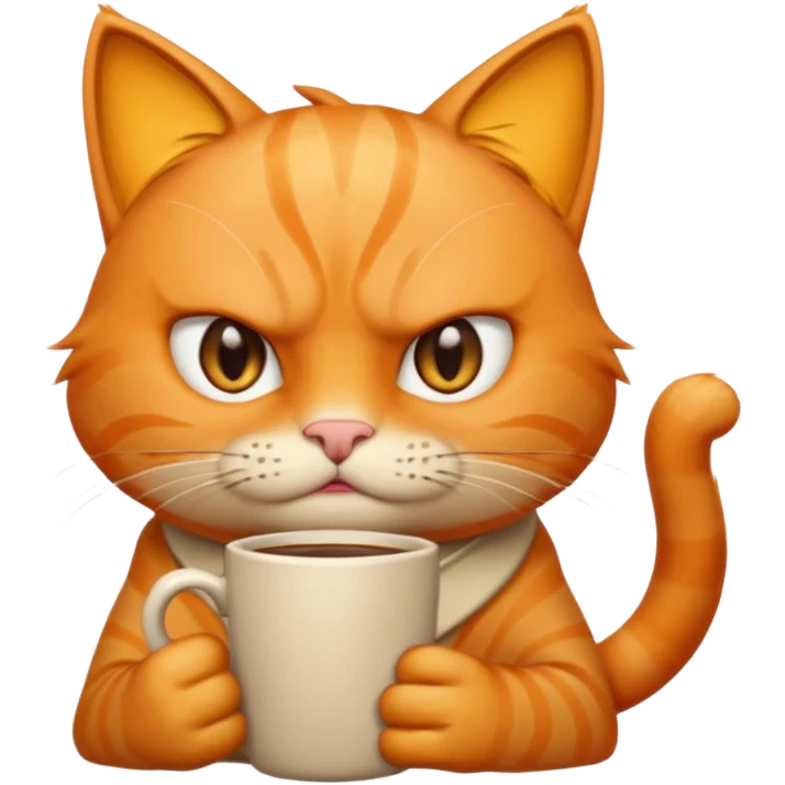 Orange cat, angry, holding coffee mug emoji