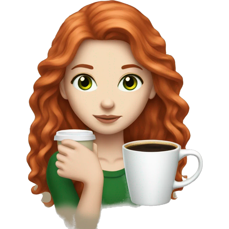 White girl long long red hair with green eyes and coffee  emoji