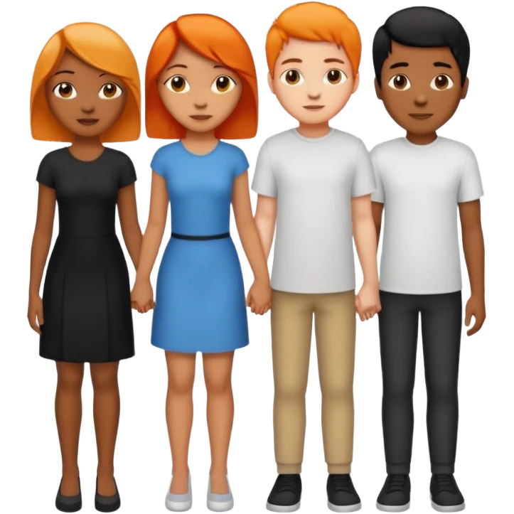 Three people holding hands first people is a female light skin have medium length half black half orange hair the second person is tall African American male short hair and the third people the third person is a female medium length black hair light skin emoji