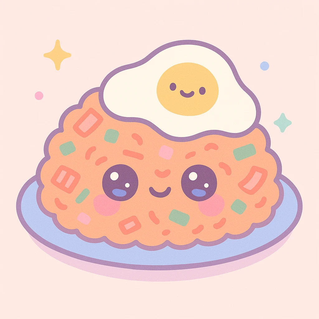 cute cartoon style kimchi fried rice with a fried egg on top emoji