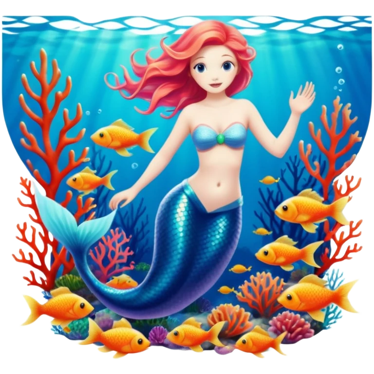 The most incredibly beautiful mermaid swimming underwater, with realistic bright, vividly colored fish, pretty realistic detailed coral, still life highly detailed 2D design emoji