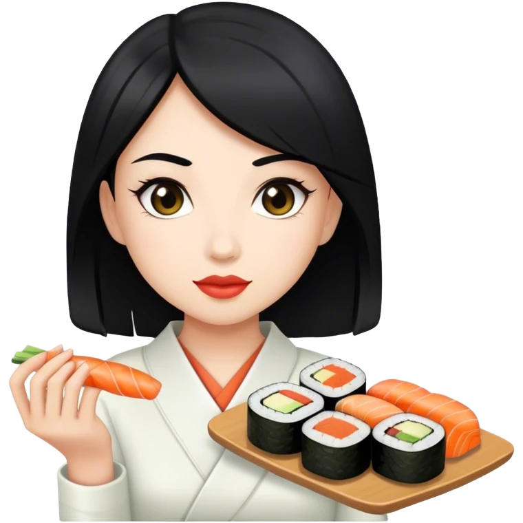 Girl with black hair and light skin holding sushi emoji