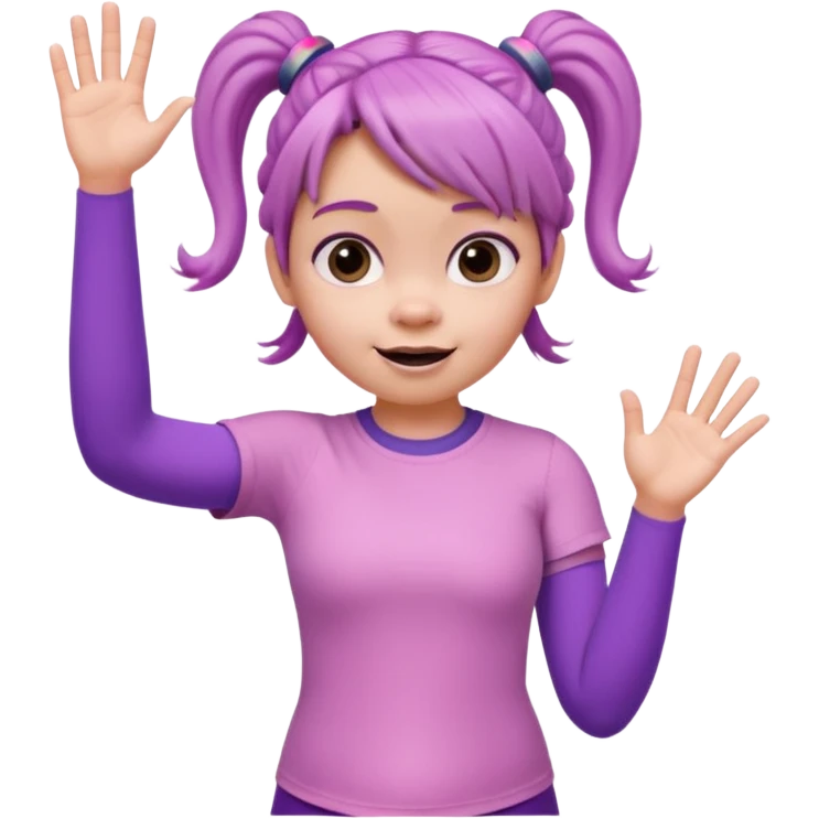 Boo from Monsters Inc, waving, pigtails, pink t-shirt, purple leggings emoji