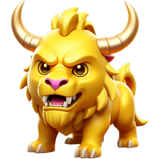 Clash of Clans aesthetic: Cinematic Playful Beast Emoji, rendered in a 3D vector-style similar to standard emojis with minimal shading and bold, simplified shapes. A compact, isometric mythical creature with wild, majestic features and fierce yet endearing eyes, softly glowing with a primal enchanted charm. Simplified yet unmistakably iconic, highly detailed and consistent, glowing with a soft radiant shine and high polish. Stylized with a touch of mythical wildness and a soft glowing outline, capturing the essence of a legendary beast with a friendly, playful allure! emoji
