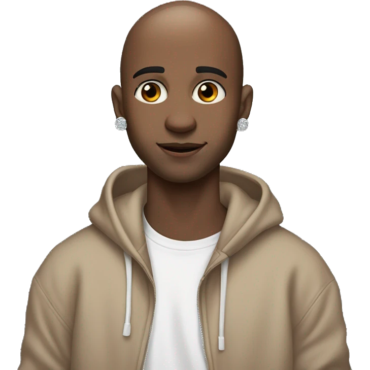 a bald guy of 20 years old with a blush on his cheeks, brown eyes and a small diamond earring in his left ear looks at us indifferently, dressed in a black oversized hoodie and holding a microphone in his hands emoji