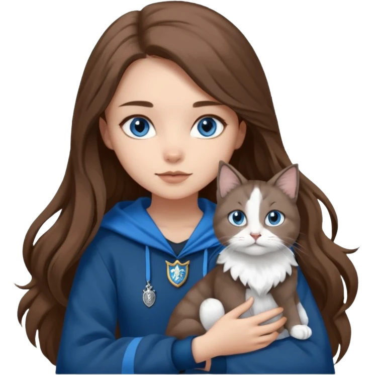 gorgeous Girl with light skin, blue eyes, long brown hair, wears a ravenclaw outfit, with a grey and white cat holding in her arms emoji