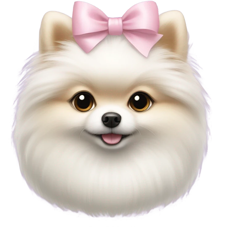 A white small Pomeranian with a cute little light pink bow on her hair emoji